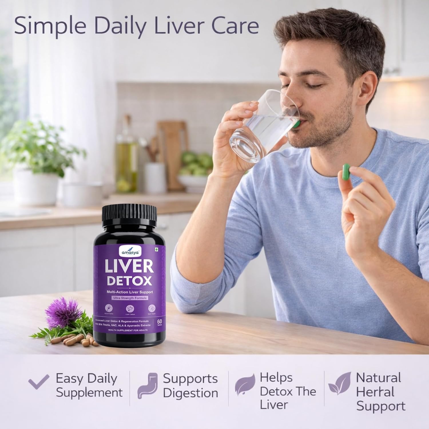 Liver Detox Supplement -  With Milk Thistle,NAC,ALA & Ayurvedic Extracts | Natural Body Detox & Digestive Enzymes | Fatty Liver Care | Natural Detoxification Formula | 60 Tablets | Multi Action Liver Support | Ultra Strength Formula For Men & Women